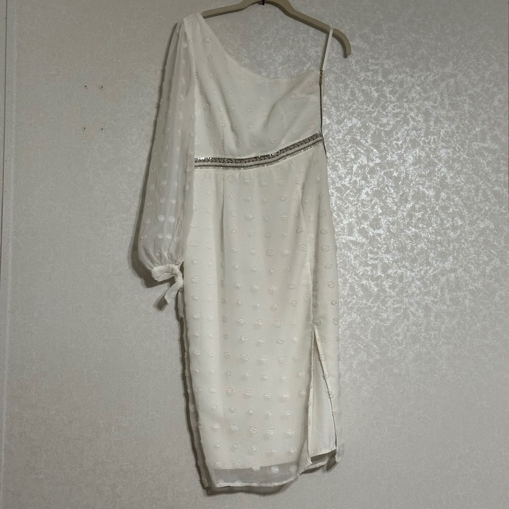 Runaway the Label Alira Midi One Shoulder White Swiss Dot Dress Sequin‎ Trim S 4